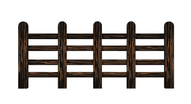 A dark wood fence with vertical slats and horizontal rails showcases a classic picket-style design isolated on a bright white background.