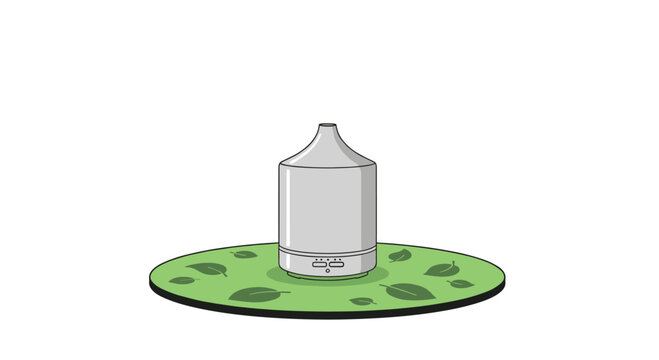 A modern electric aromatherapy diffuser sits centered on a green circular mat decorated with illustrated leaf patterns on a bright white ground.