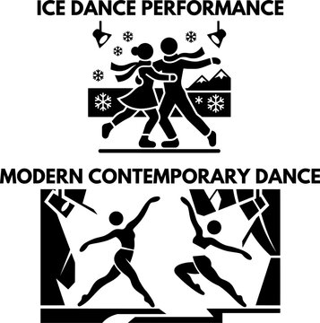 Winter ice dance performance with skating couple wearing scarfs under snowflakes next to modern contemporary dance show on theater stage with bright spotlights vector illustration