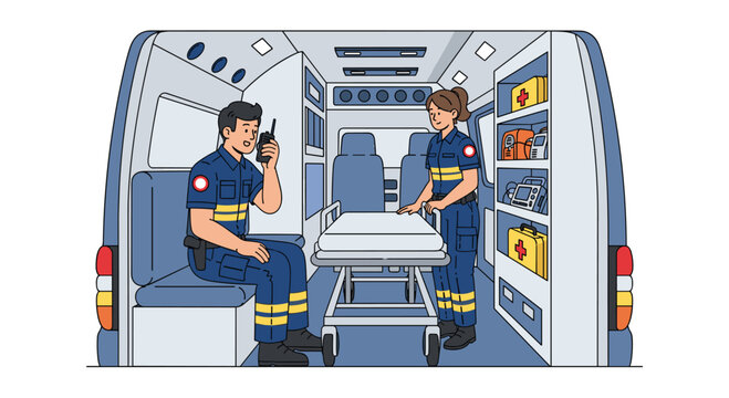 Two professional paramedics stand inside an ambulance cabin, preparing a medical stretcher and organizing equipment for an emergency call.