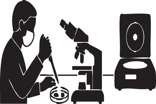 Silhouette of a microbiologist analyzing a bacteria sample by swirling a petri dish next to a benchtop microscope