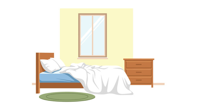 Cozy interior view of a messy bedroom featuring an unmade bed with rumpled white linens and a wooden dresser against a soft wall.
