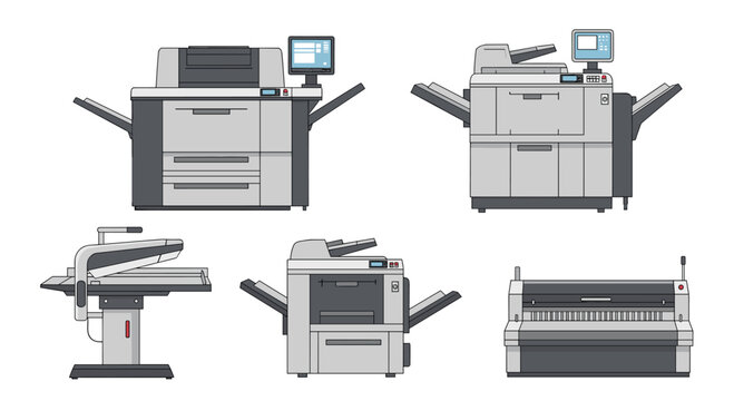 Array of different professional office copiers and printers displayed in a clean, isolated white background studio setting for business use.