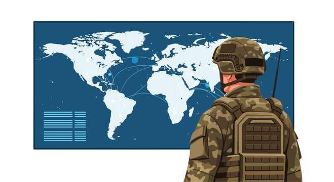 Soldier in tactical camouflage uniform looking at a large digital world map showing complex flight paths and data in a secure war room.