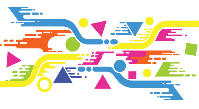 Dynamic composition of vibrant blue, yellow, and pink curved lines interspersed with floating geometric shapes creates energetic visual flow.