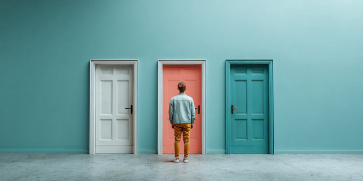 Man Choosing Between Open and Closed Doors Concept