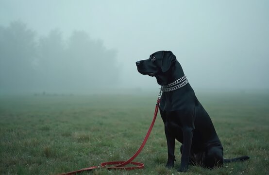 Black labrador dog sits on grassy field during foggy morning. Canine with red leash and chain collar looks away attentively. Background shows blurred trees and misty atmosphere creating moody scene.