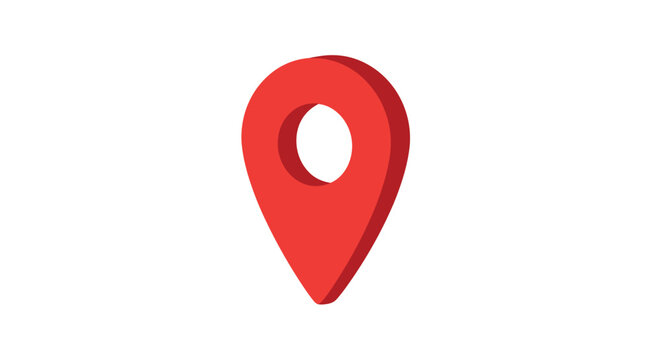 A vibrant three-dimensional red map location pin icon stands prominently against a clean white background with subtle soft shading.