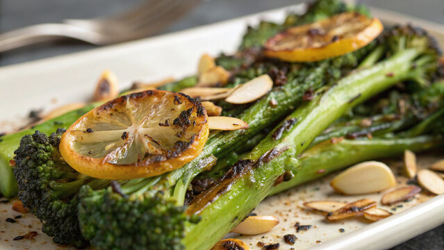 Photorealistic macro charred broccolini texture garlic confit lemon zest almonds olive oil grill detail closeup