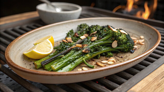 Photorealistic charred broccolini on rustic table with garlic confit almonds lemon zest smoky grill restaurant plating
