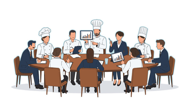 A diverse group of chefs and business professionals sits around a conference table while reviewing financial charts on a digital tablet.