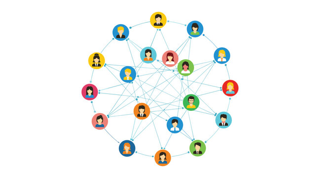Colorful circular avatars of people are connected by thin dashed lines, forming a complex, decentralized social network structure diagram.
