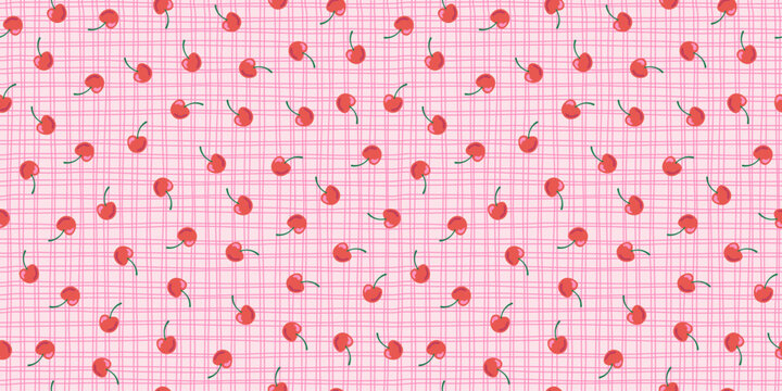 Seamless pattern with cherries and lines. Red tasty cute hand drawn cherries. Summer endless wallaper. 
