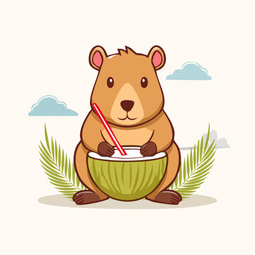 Cute cartoon bear drinking coconut water with a straw
