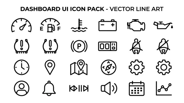 Car dashboard UI icon pack with vector line art of speedometer fuel gauge engine oil pressure and automotive indicators