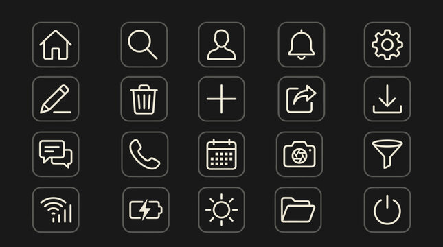 Minimalist outline user interface icon set inside rounded squares on dark background