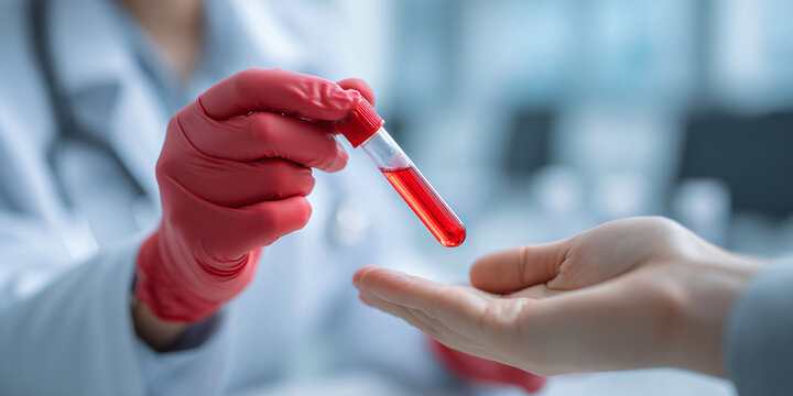 Medical Gloves Holding Blood Test Tube in Clinic