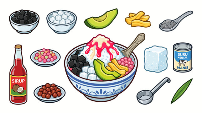 Illustration of Es Campur, a traditional Indonesian mixed ice dessert, with various ingredients