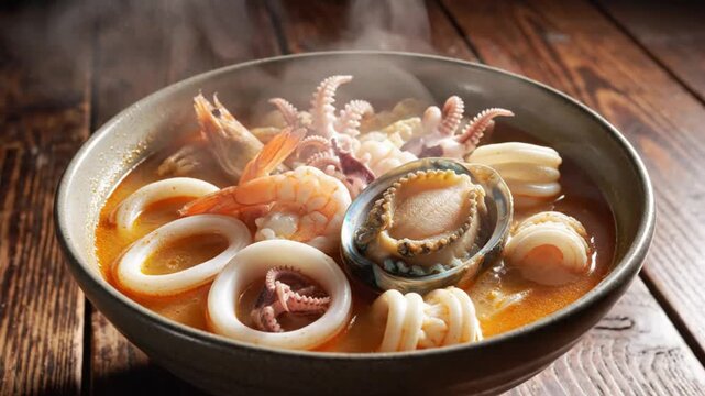 Delicious and steaming seafood stew with various fresh marine delicacies in a ceramic bowl, culinary delight