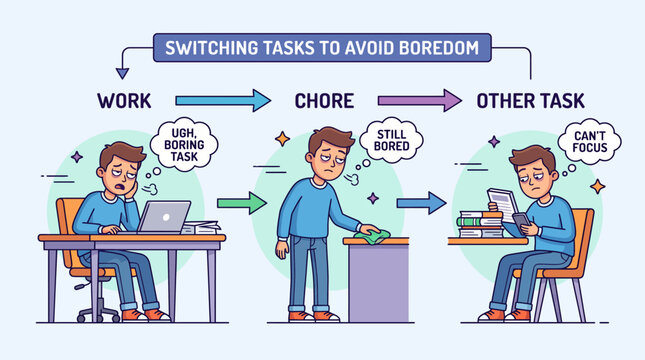 Infographic illustrating the concept of switching tasks to avoid boredom