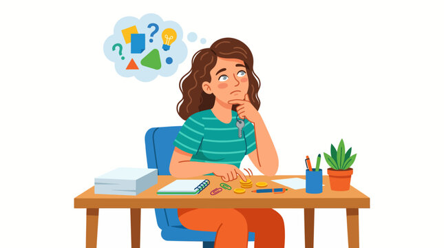 Woman absentmindedly touching coins while deep in thought at a desk