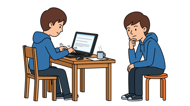 Illustration depicting the psychological experience of dissociation or self-reflection while typing on a laptop