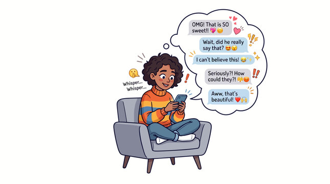 Illustration of a person whisper-reading text messages and experiencing various emotional reactions shown in a thought bubble