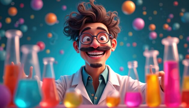 Crazy scientist with messy hair, big smile. Wears lab coat surrounded by colorful liquids in beakers, flasks, test tubes, bubbles in background. Mad researcher mixes potions, conducts wild experiment.