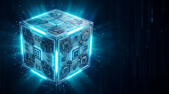 High-tech glowing blue computer processor cube with circuit patterns floating against a dark binary code background.