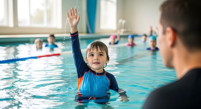 Child raises hand confidently during World Drowning Prevention Day swim class