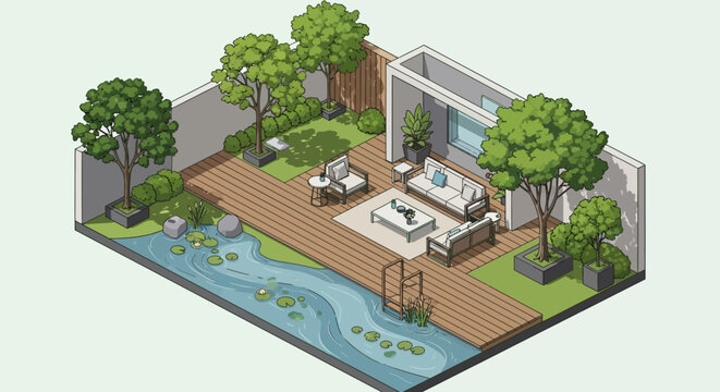 Isometric illustration of a modern outdoor living space with pool and lush greenery.