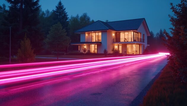 Bright pink light streaks on asphalt road lead to modern house at twilight. Implies fast data transfer and smart home tech. Internet connectivity concept.