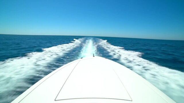 Speedboat cruising across the blue ocean water on a bright, sunny day with clear skies and leaving a trail