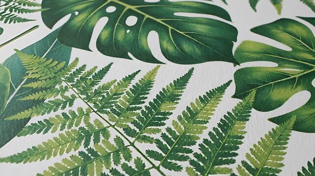 Beautiful Tropical Leaves and White Flowers Pattern Background.