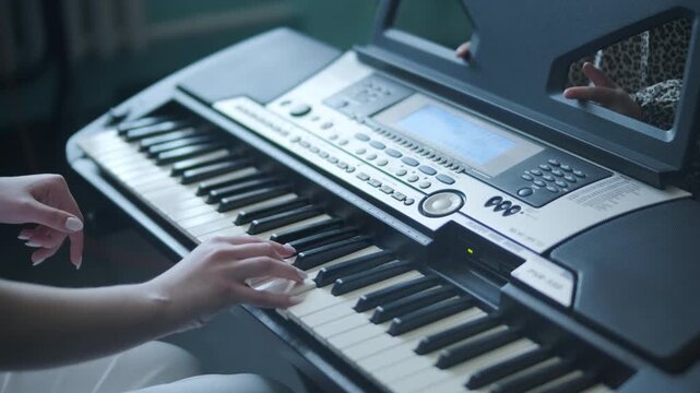 Close-up shot of a musician playing the synthesizer or electronic piano keyboard indoors.