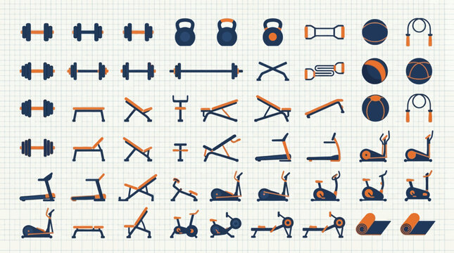 Vector Icons Large collection of gym and fitness equipment icons including dumbbells treadmills and exercise bikes. EPS Editable