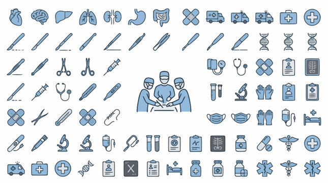 Vector Icons Medical and healthcare hand drawn doodle icon set featuring surgery organs and medical equipment. EPS Editable