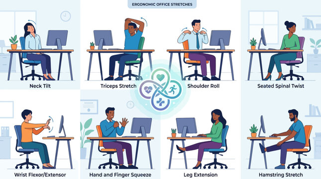 Vector Icons Office Desk Exercises Infographic Showing Workers Stretching at Their Workstations. EPS Editable
