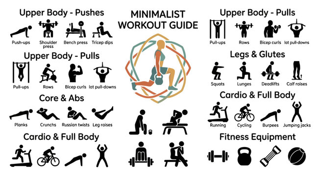 Vector Icons Minimalist workout guide infographic showing fitness exercises and gym equipment icons. EPS Editable