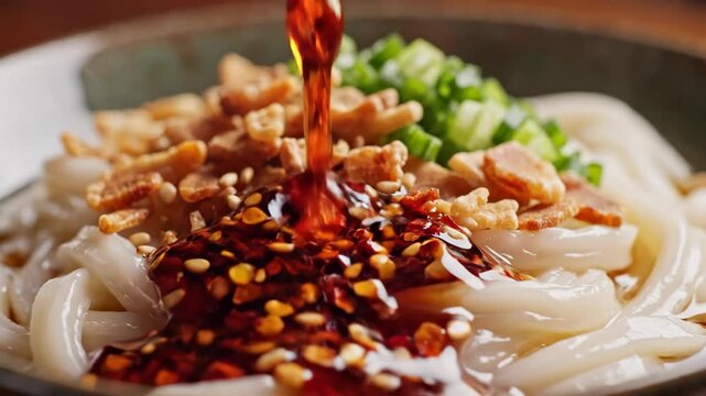 Chili oil pouring on udon noodles in bowl. Spicy sauce drizzling over fresh wheat noodle with green onion and crispy garlic topping. Japanese cuisine concept.