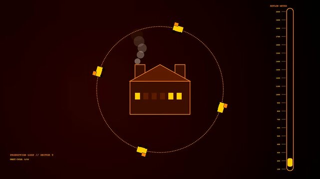 A digital Circular Supply Chain animation features a central industrial structure surrounded by orbiting automated transport units while a vertical progress bar tracks the declining flow rate