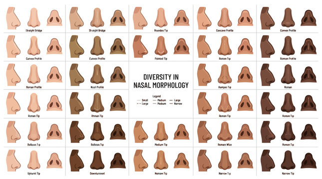 Vector Icons Chart illustrating diversity in human nasal morphology showing different nose shapes and skin tones. EPS Editable
