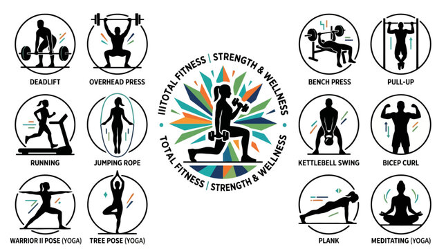 Vector Icons Collection of fitness and workout icons showing various exercises and gym activities in circular badges. EPS Editable