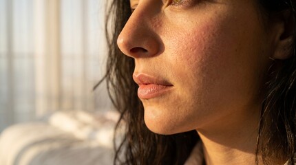 Obraz premium Close-up detail of a woman's face, lips and skin texture in soft warm morning light