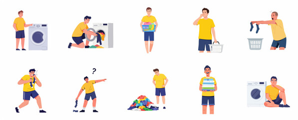 Fototapeta premium Man doing laundry vector illustration set showing various stages of washing, sorting, and smelling dirty clothes