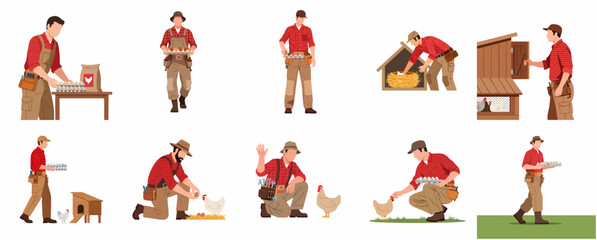 Set of male farmer illustrations collecting fresh organic eggs and caring for chickens on a poultry farm © Gilaang