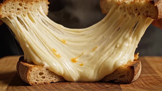 Hands pulling apart toasted bread with melted cheese. Tasty snack showing cheese stretch. Gastronomy concept for cafe menu and lunch food advertisement display.