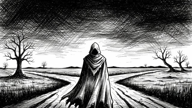 Mysterious cloaked figure at a fork in the road, ink drawing.