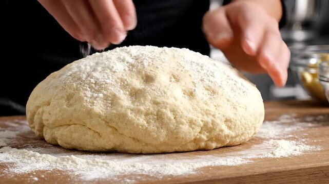 Closeup of hands kneading dough on a wooden board dusted with flour.