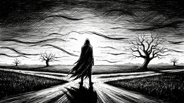 Hooded figure standing at a crossroads in a bleak landscape sketch.